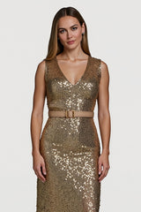 Glitzerndes Goldenes Bodycon Pailletten Festtagskleid mit Gürtel