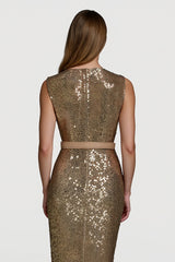 Glitzerndes Goldenes Bodycon Pailletten Festtagskleid mit Gürtel