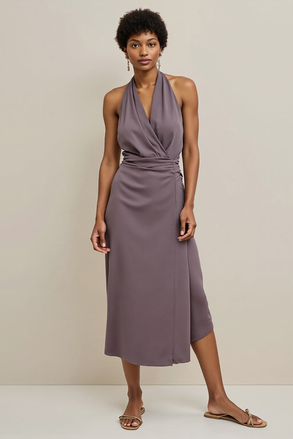 Lila Bodycon Satin Neckholder Midi Semi Formal Kleid