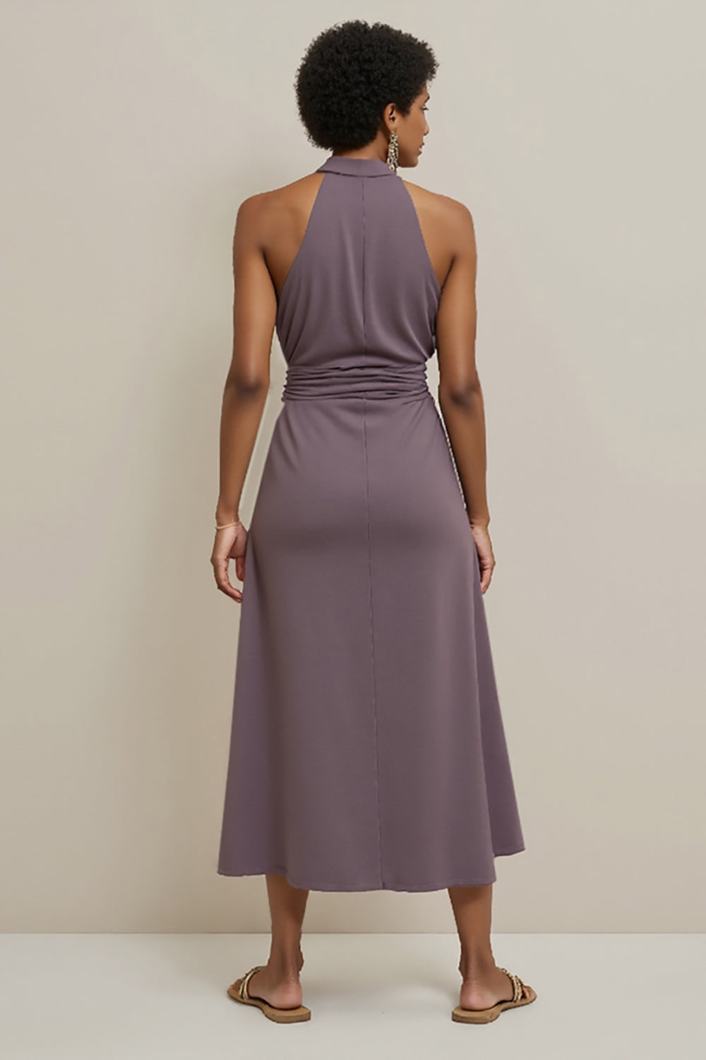 Lila Bodycon Satin Neckholder Midi Semi Formal Kleid
