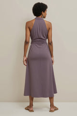 Lila Bodycon Satin Neckholder Midi Semi Formal Kleid