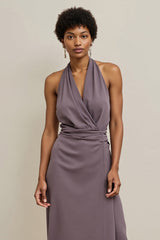 Lila Bodycon Satin Neckholder Midi Semi Formal Kleid