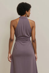 Lila Bodycon Satin Neckholder Midi Semi Formal Kleid