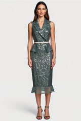 Glitzerndes Grau-grünes Pailletten Bodycon Midi Semi Formal Kleid mit Rüschen