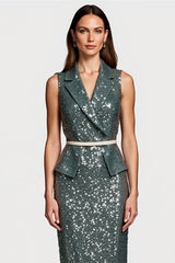 Glitzerndes Grau-grünes Pailletten Bodycon Midi Semi Formal Kleid mit Rüschen