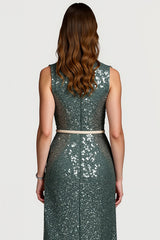 Glitzerndes Grau-grünes Pailletten Bodycon Midi Semi Formal Kleid mit Rüschen