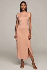 Langes Etui Formelles Kleid aus Satin mit Schlitz in Blush