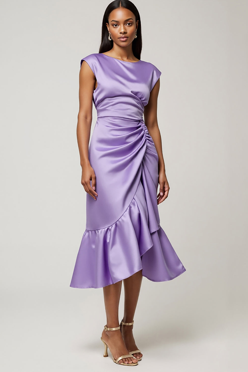 Lila Bodycon Satin Flügelärmel Midi Hochzeitsgastkleid mit Rüschen