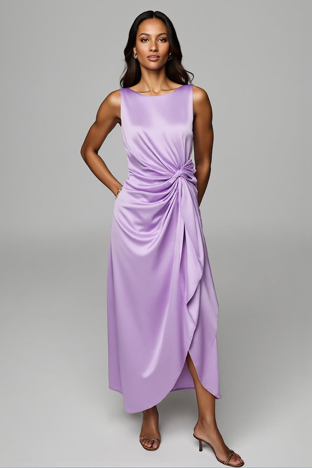 Lila Satin Etui U-Boot-Ausschnitt Maxi Hochzeitsgastkleid mit Drapierung