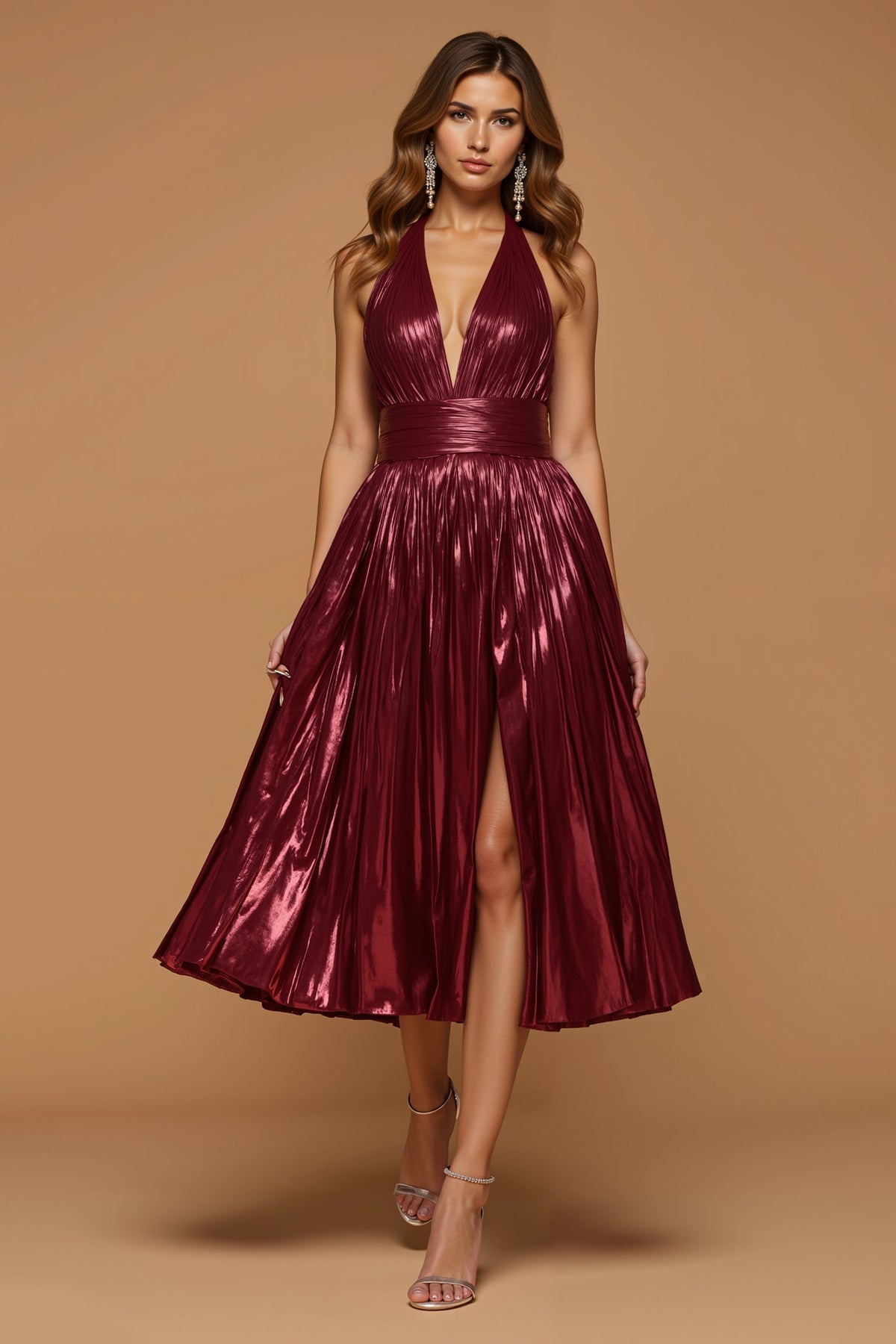 Glitzerndes Burgunderrotes Metallic Neckholder A-Linie Festtags-Partykleid mit Schlitz