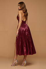 Glitzerndes Burgunderrotes Metallic Neckholder A-Linie Festtags-Partykleid mit Schlitz