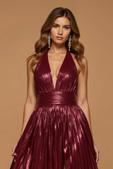 Glitzerndes Burgunderrotes Metallic Neckholder A-Linie Festtags-Partykleid mit Schlitz