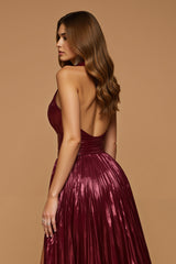 Glitzerndes Burgunderrotes Metallic Neckholder A-Linie Festtags-Partykleid mit Schlitz
