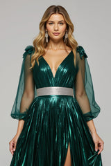 Glitzerndes Dunkelgrünes Partykleid mit V-Ausschnitt und Schlitz