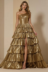 Glitzerndes Goldenes Metallic Gestuftes Langes Festtags-Partykleid mit Rüschen