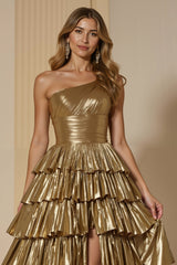 Glitzerndes Goldenes Metallic Gestuftes Langes Festtags-Partykleid mit Rüschen