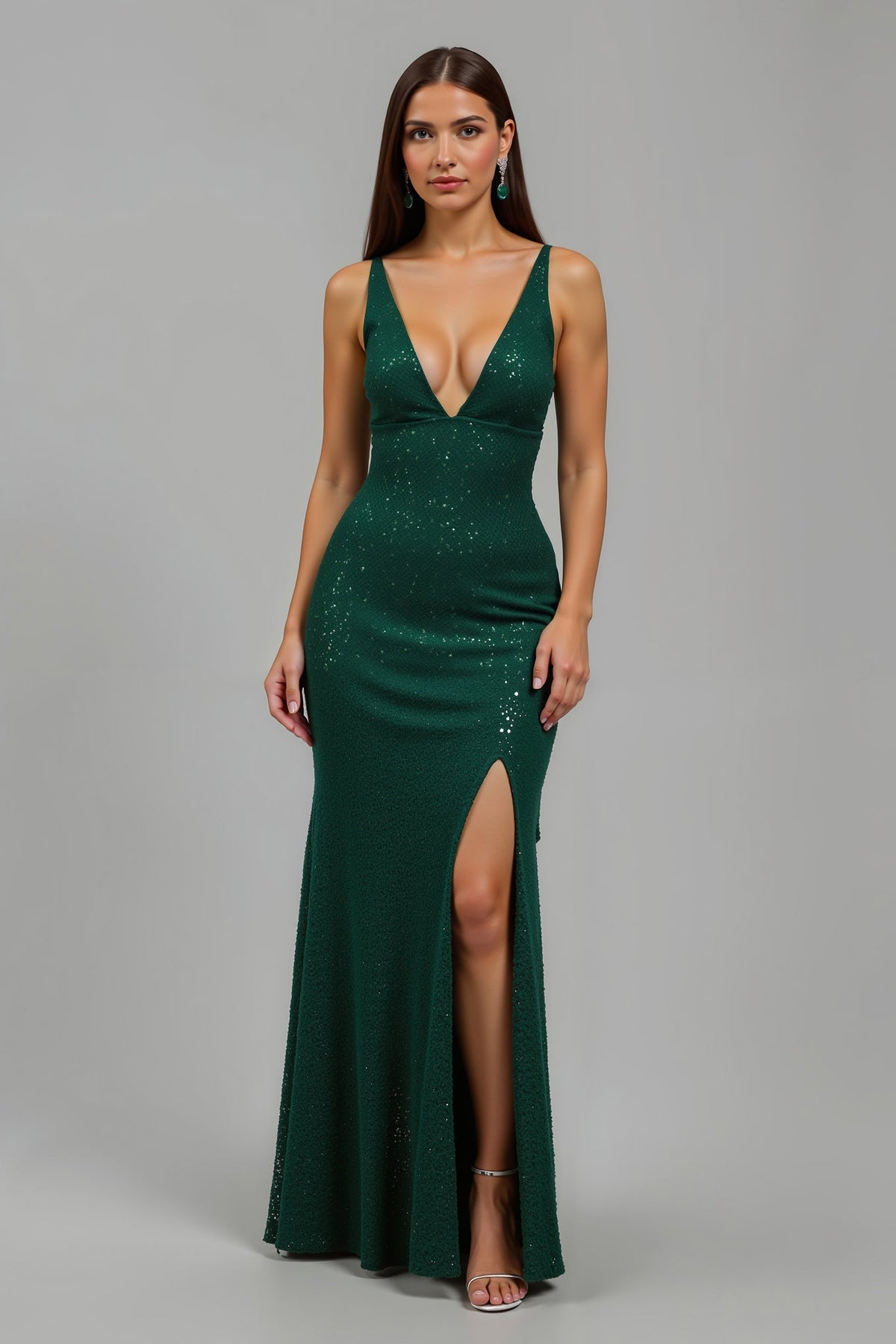 Glitzerndes Dunkelgrünes Meerjungfrauen Partykleid mit V-Ausschnitt und Schlitz
