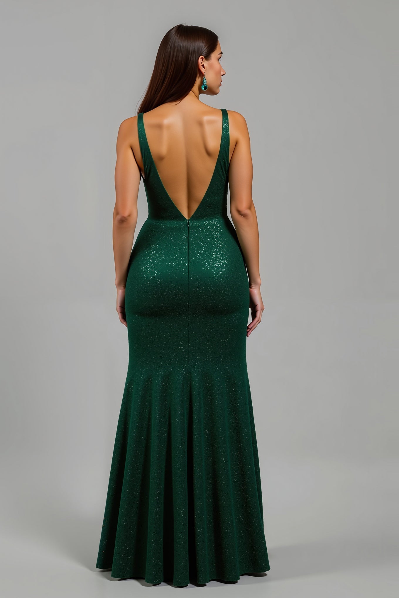 Glitzerndes Dunkelgrünes Meerjungfrauen Partykleid mit V-Ausschnitt und Schlitz