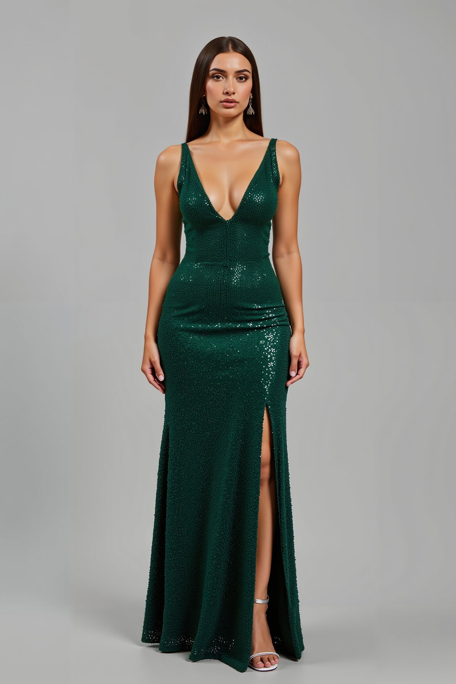 Glitzerndes Dunkelgrünes Meerjungfrauen Partykleid mit V-Ausschnitt und Schlitz