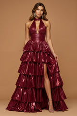 Glitzerndes Bburgunderrotes Metallic Neckholder Gestuftes Partykleid mit Rüschen und Schlitz