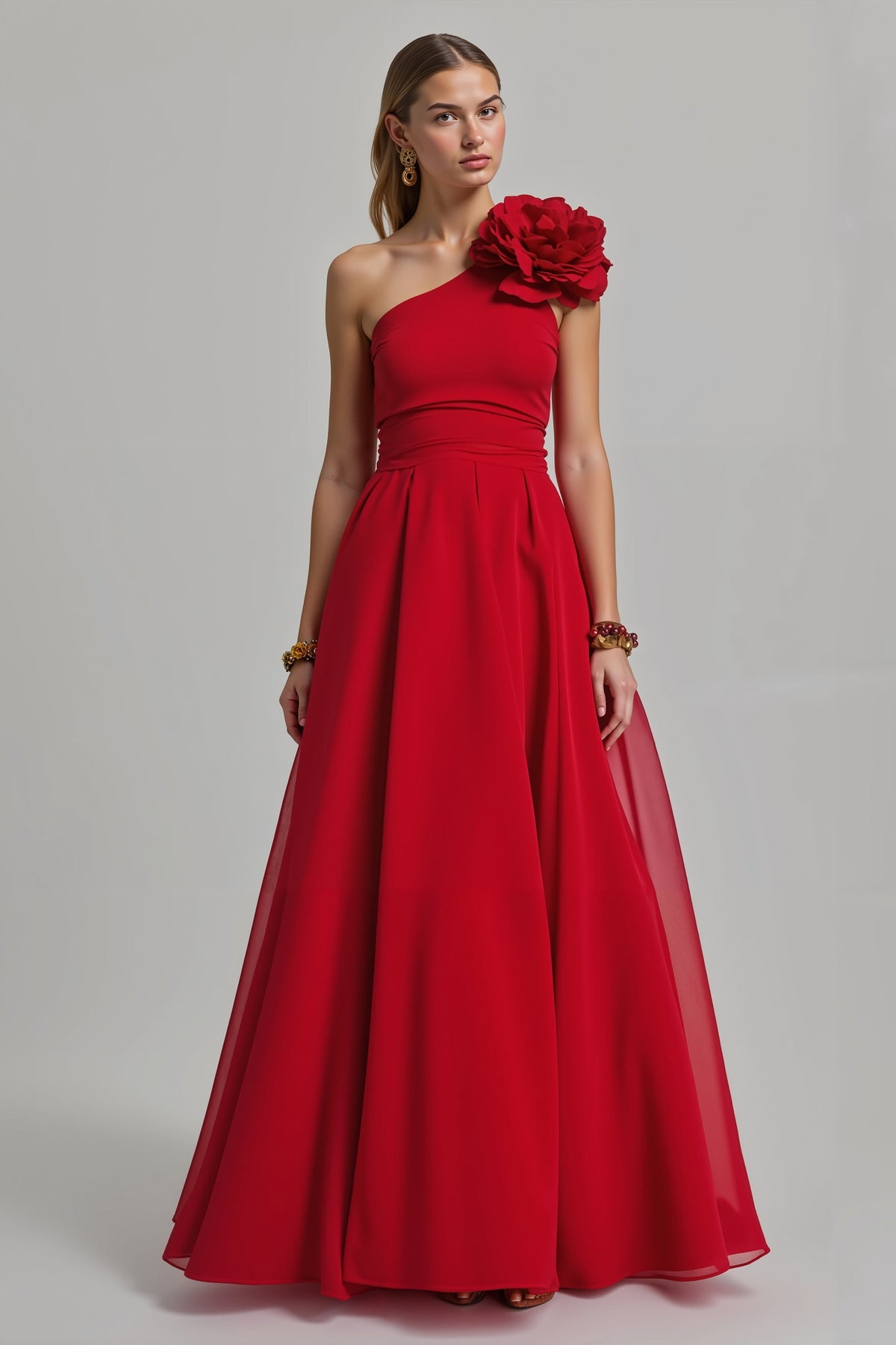 Rotes Geblümtes A-Linie Eine Schulter Langes Festtags-Partykleid