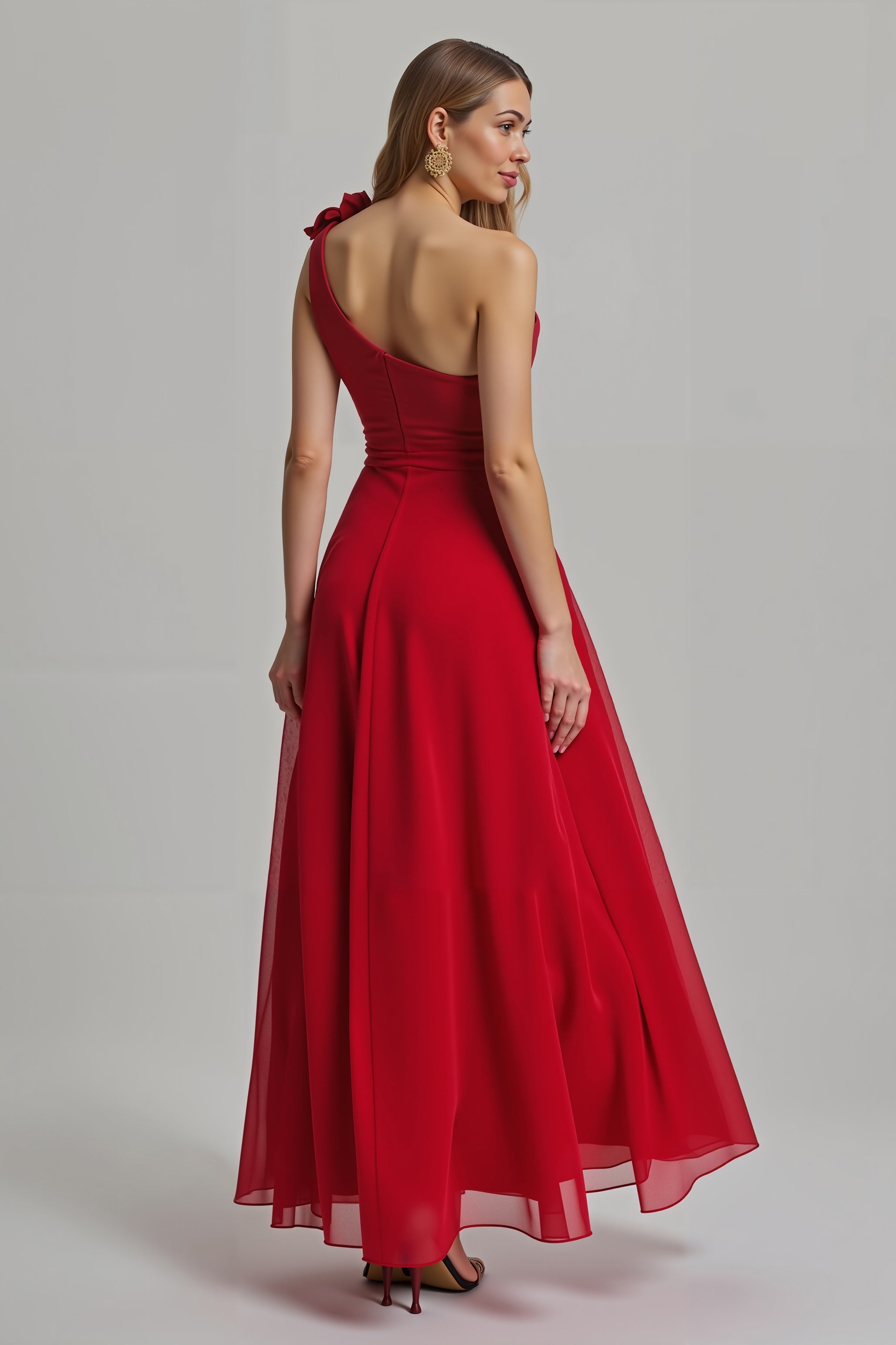 Rotes Geblümtes A-Linie Eine Schulter Langes Festtags-Partykleid
