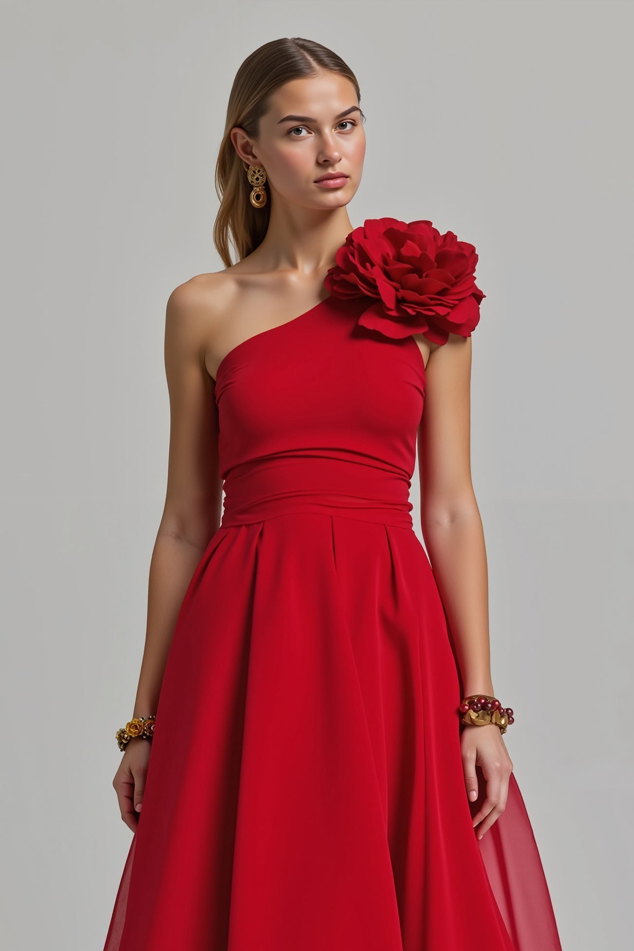 Rotes Geblümtes A-Linie Eine Schulter Langes Festtags-Partykleid