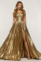 Goldenes Metallic Plissee Ballkleid in A-Linie