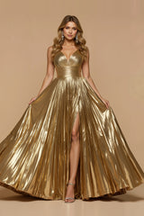 Goldenes Metallic Plissee Urlaubskleid mit V-Ausschnitt in A-Linie
