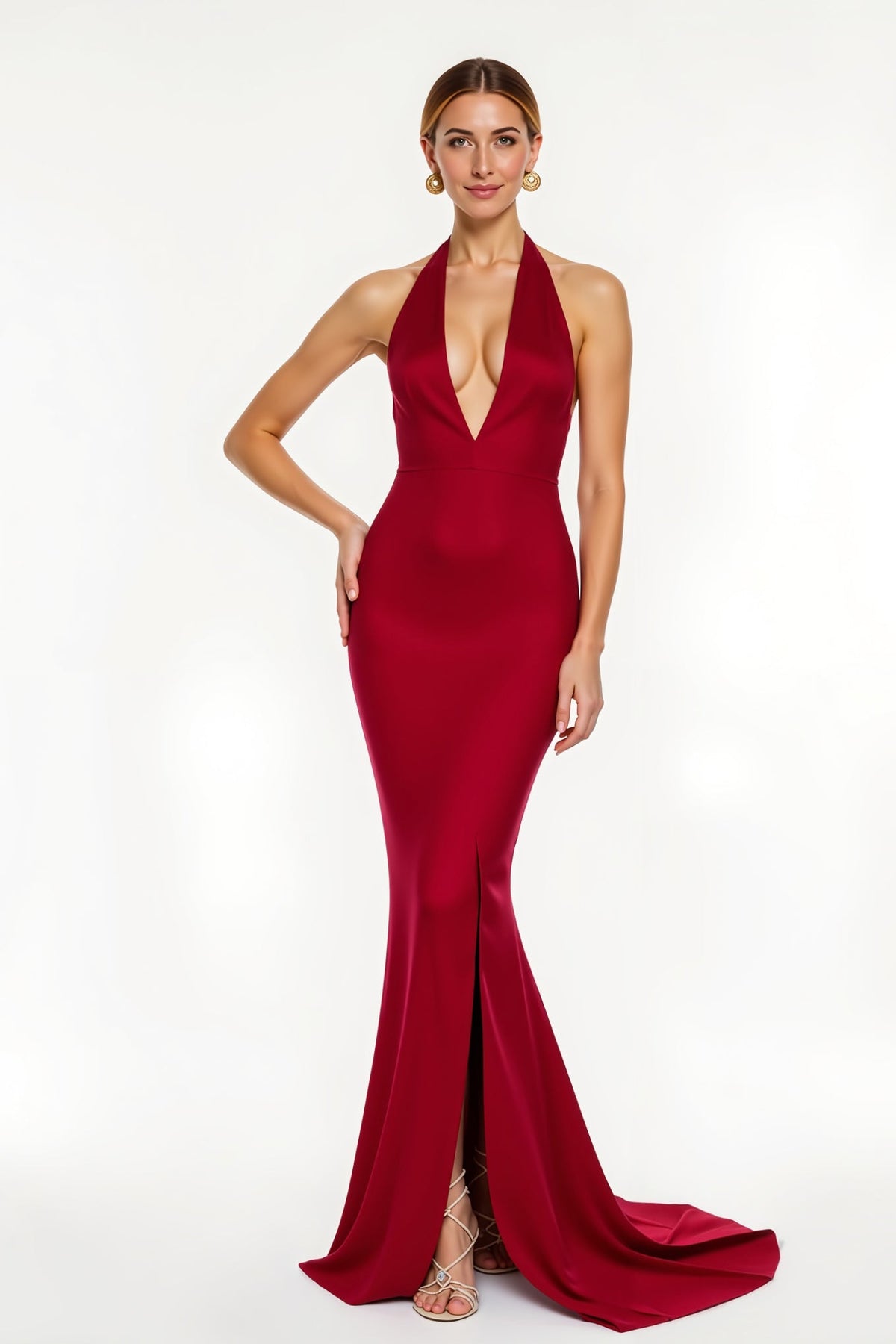 Rotes Neckholder Satin Meerjungfrauen Langurlaubskleid
