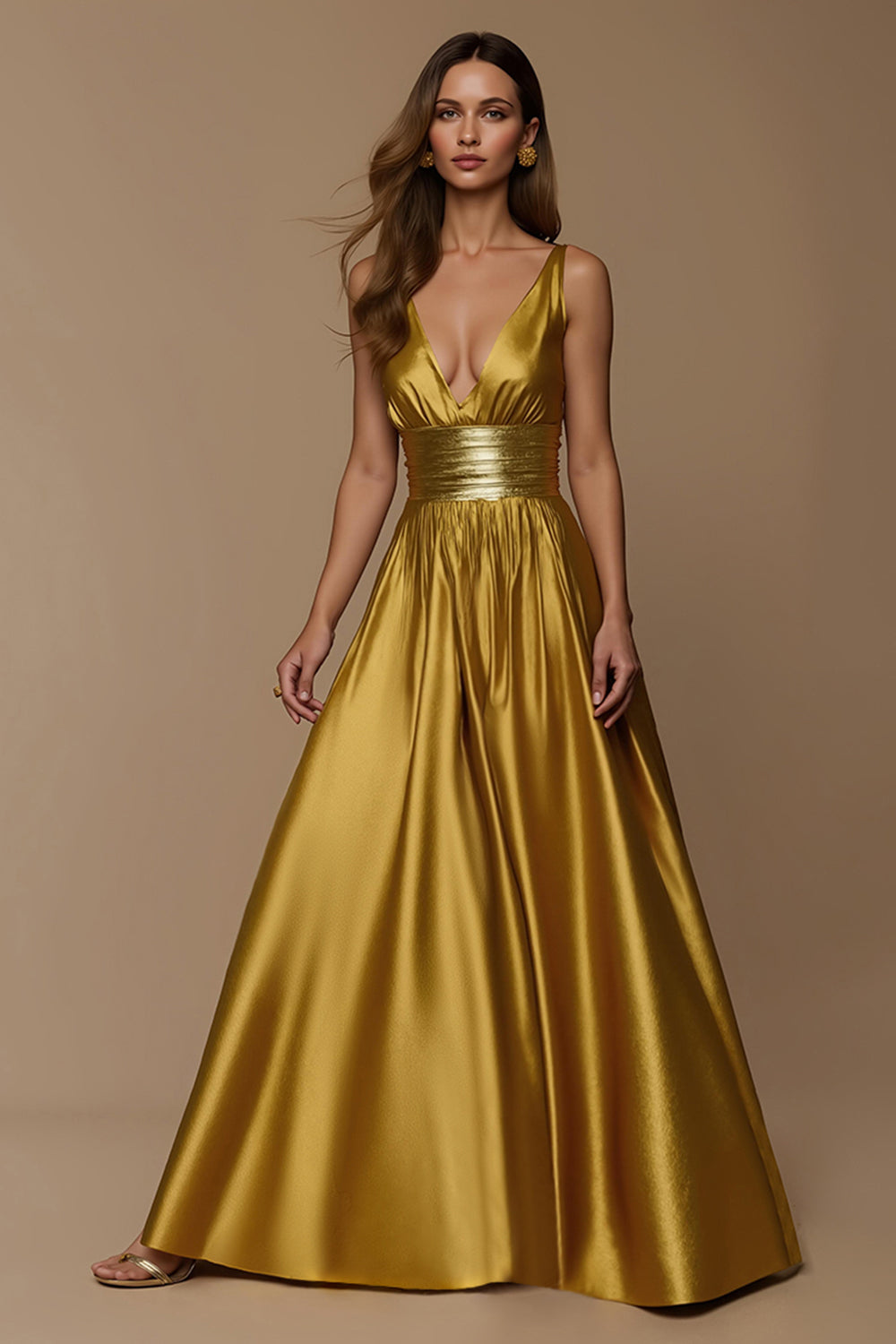 Goldener Metallic-Satin A-Linie Urlaubskleid mit tiefem V-Ausschnitt