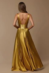 Goldener Metallic-Satin A-Linie Urlaubskleid mit tiefem V-Ausschnitt