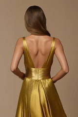 Goldener Metallic-Satin A-Linie Urlaubskleid mit tiefem V-Ausschnitt