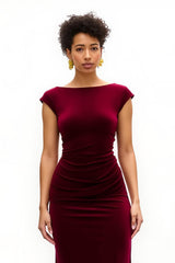 Burgunderrotes Langes Samt Festtags-Partykleid mit U-Boot-Ausschnitt und Schlitz