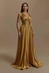 Goldenes Satin V-Ausschnitt Rückenfreies Langes Feiertags Partykleid