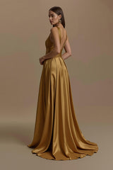 Goldenes Satin V-Ausschnitt Rückenfreies Langes Feiertags Partykleid
