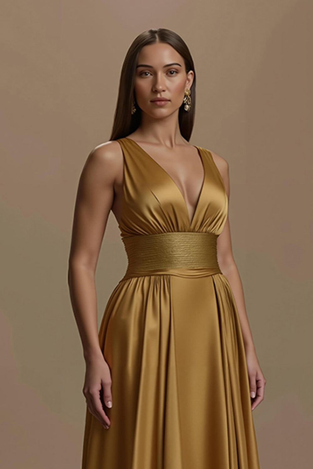 Goldenes Satin V-Ausschnitt Rückenfreies Langes Feiertags Partykleid