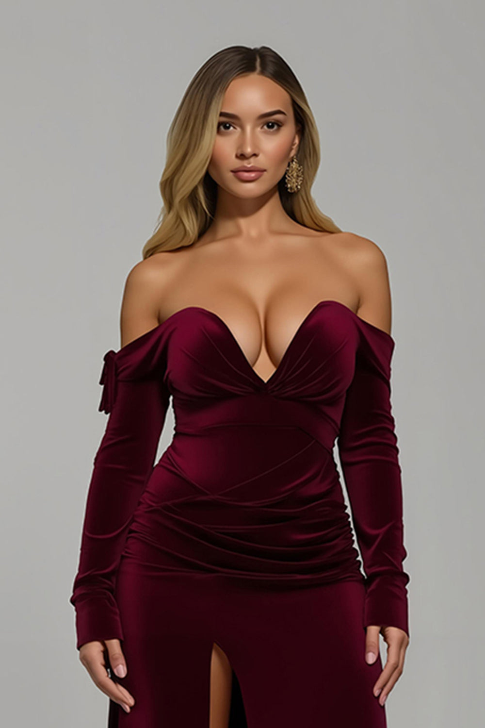 Burgunderrotes Schulterfreies Partykleid aus Samt mit Schlitz