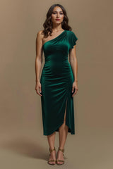 Dunkelgrünes Etui Midi Partykleid aus Samt mit Ärmeln