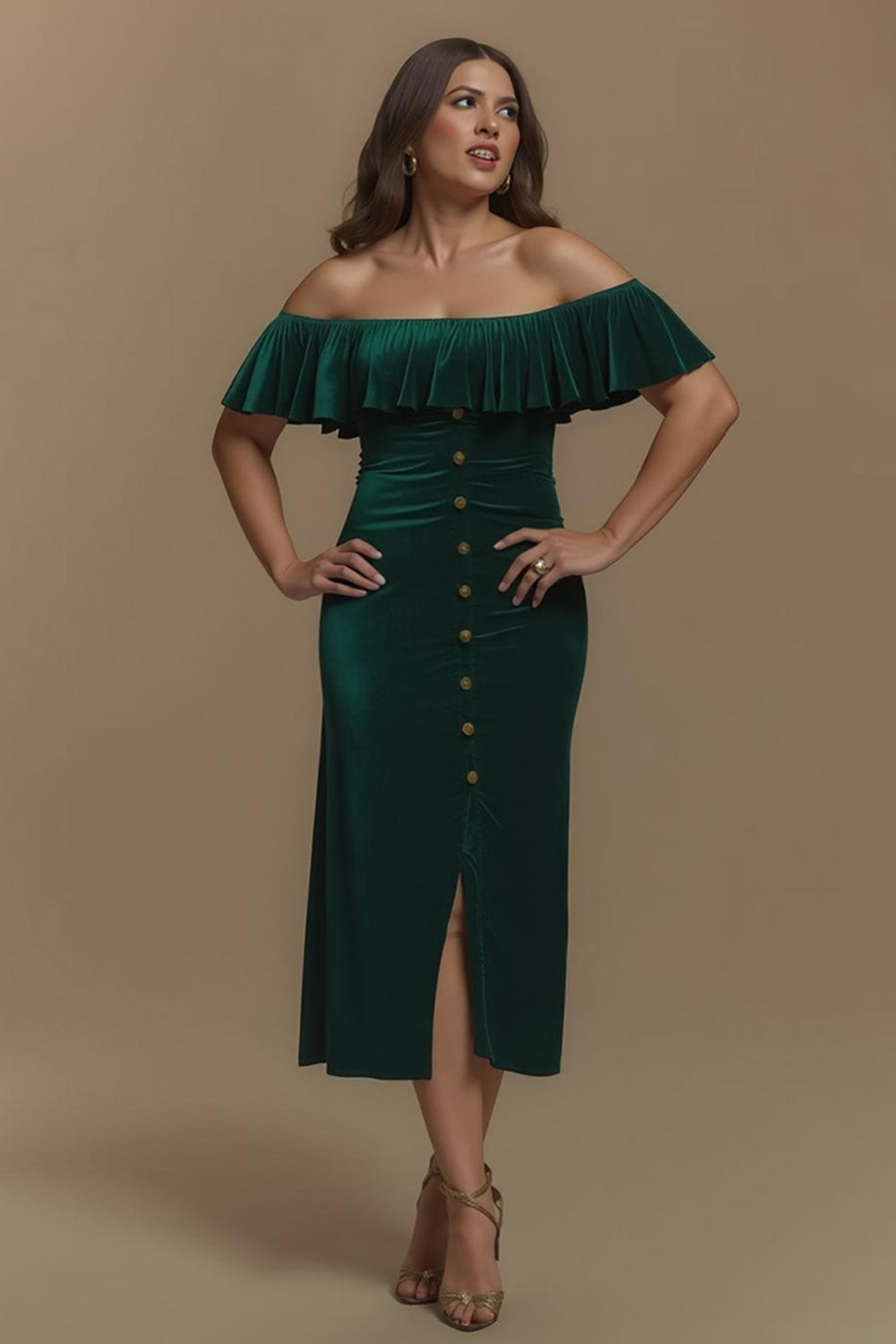 Dunkelgrünes Schulterfreies Partykleid aus Samt mit Schlitz
