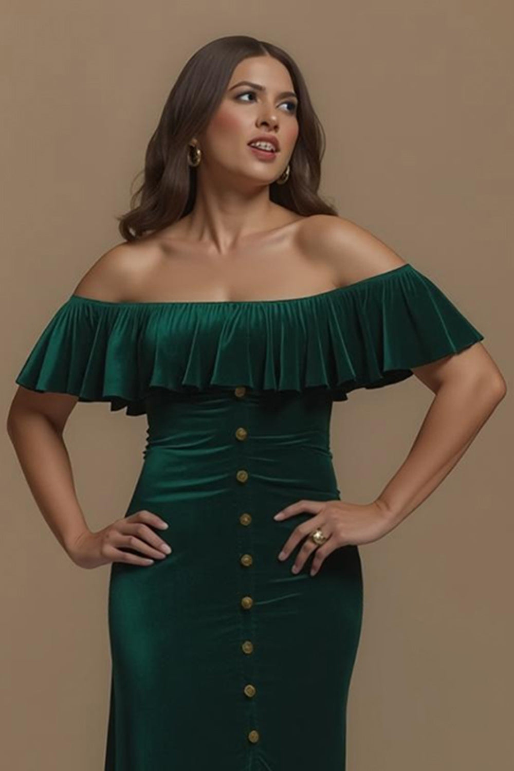Dunkelgrünes Schulterfreies Partykleid aus Samt mit Schlitz