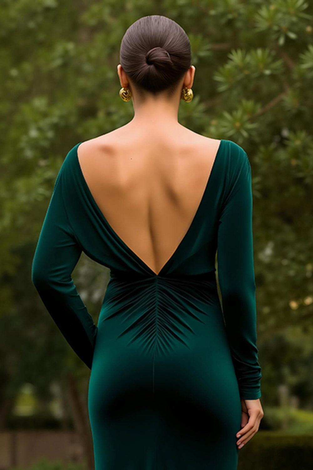 Dunkelgrünes Samt Gerafftes Langärmeliges Festtags-Partykleid mit Schlitz