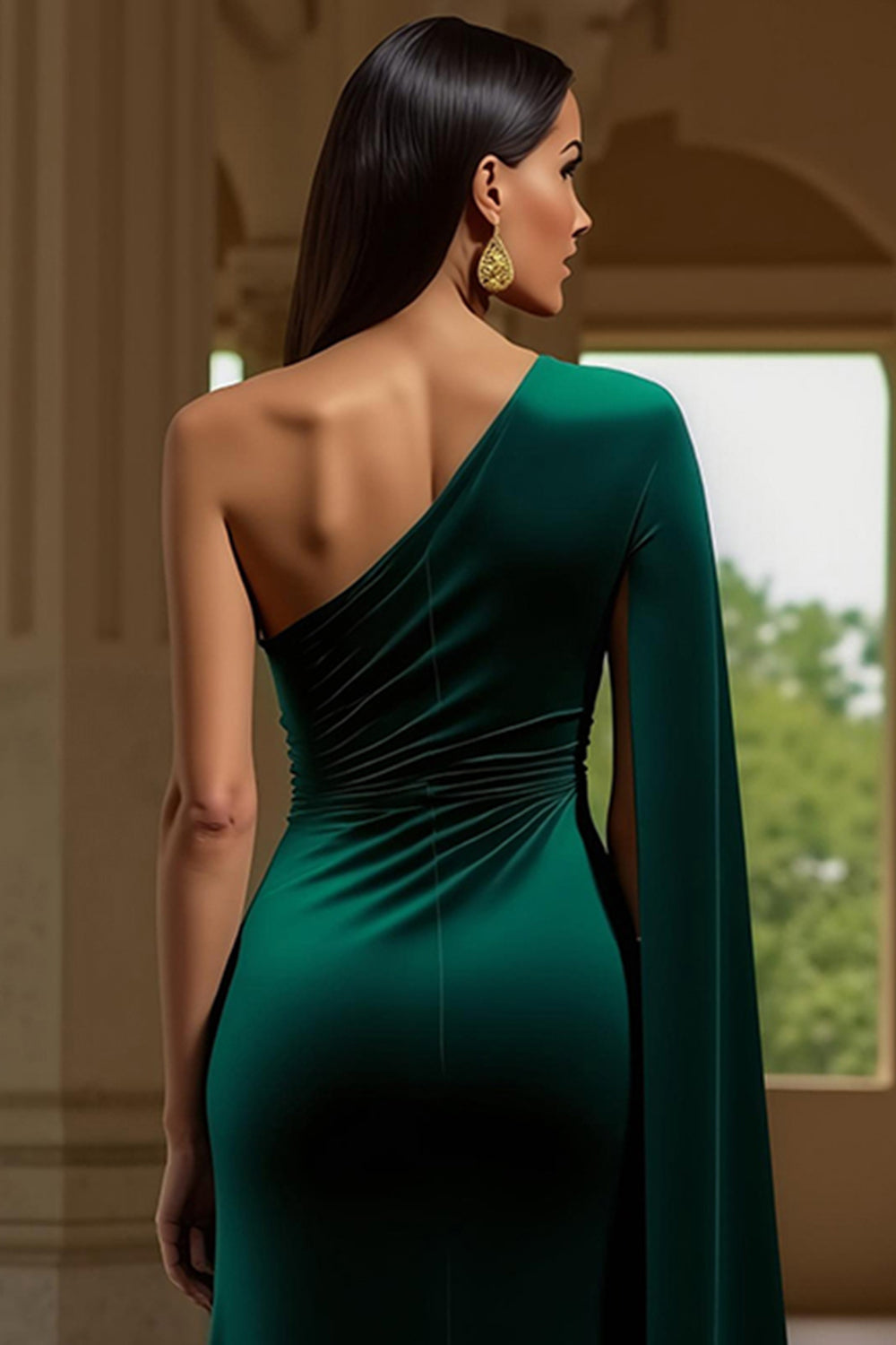 Dunkelgrünes Einschultriges Langärmeliges Festtags-Partykleid aus Samt mit Schlitz
