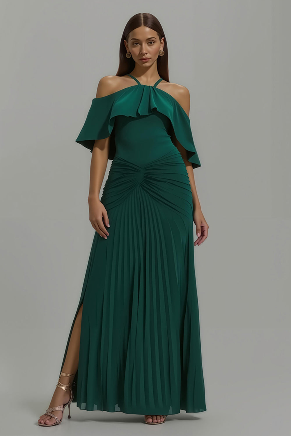 Dunkelgrünes Plissiertes Neckholder Langes Festtags-Partykleid mit Rüschen