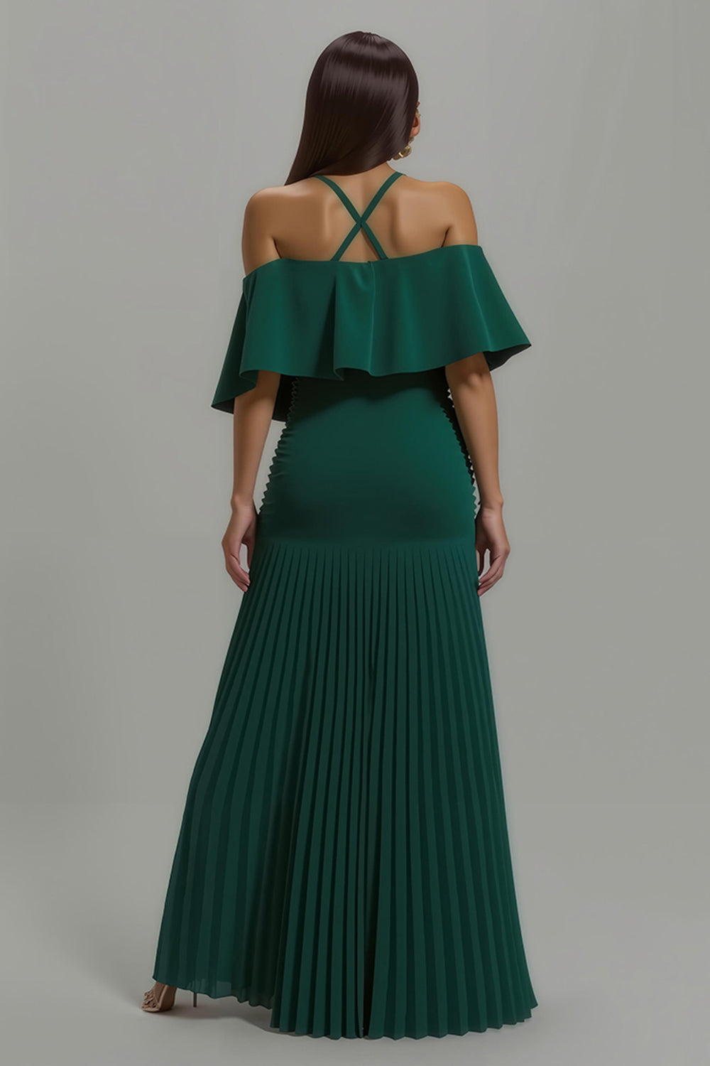 Dunkelgrünes Plissiertes Neckholder Langes Festtags-Partykleid mit Rüschen