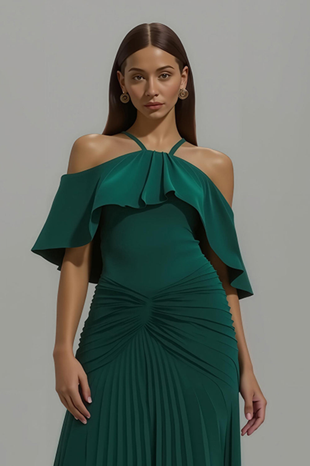 Dunkelgrünes Plissiertes Neckholder Langes Festtags-Partykleid mit Rüschen