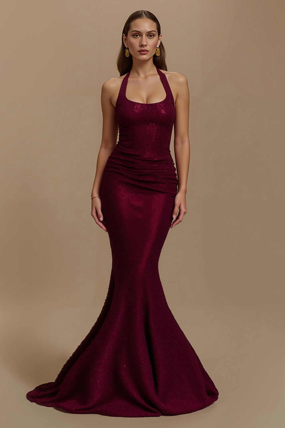 Glitzerndes Burgunderrotes Neckholder Meerjungfrau Langes Partykleid