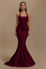 Glitzerndes Burgunderrotes Neckholder Meerjungfrau Langes Partykleid