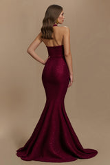 Glitzerndes Burgunderrotes Neckholder Meerjungfrau Langes Partykleid