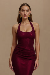Glitzerndes Burgunderrotes Neckholder Meerjungfrau Langes Partykleid